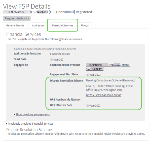 Screenshot showing the three main tabs when searching and displaying the content of the Financial Services tab.